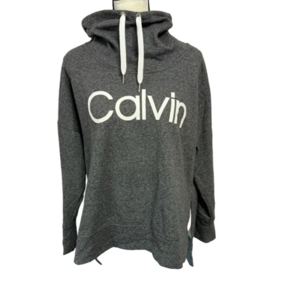 Calvin Klein Gray White Logo Cowl Neck Split Hi Low Hem Sweatshirt Size M #1835 - Picture 1 of 9